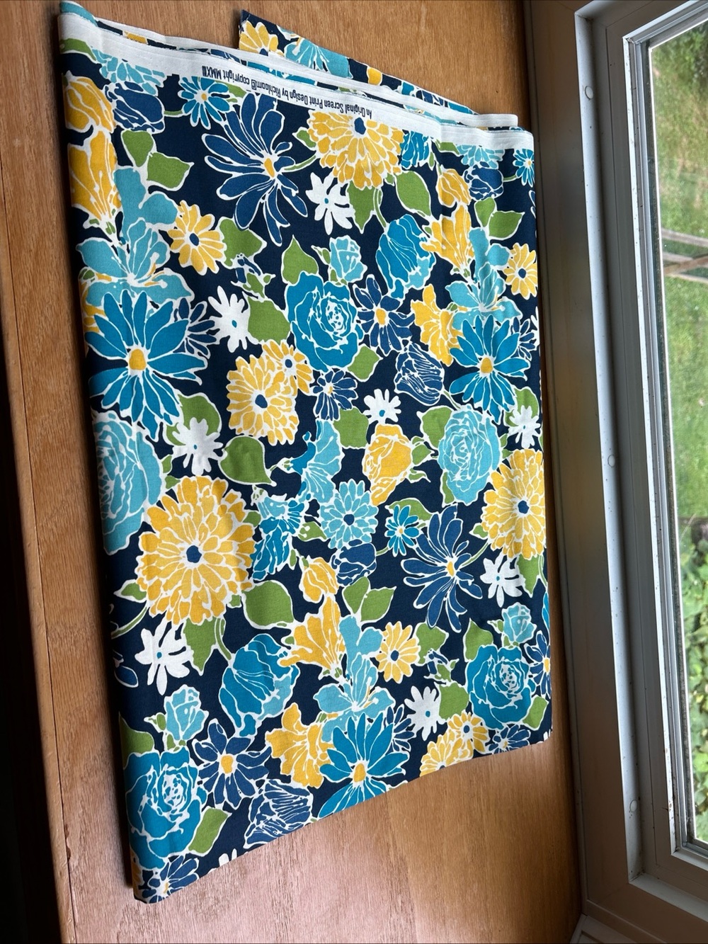 Richloom Fabric Large Floral Blue Yellow White Original Screen print 108 X 44”